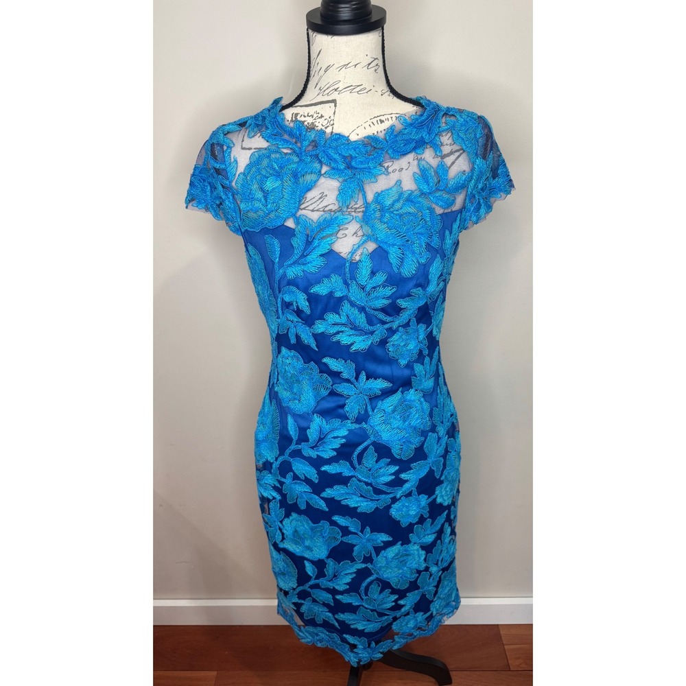 Tadashi Shoji Embroidered Floral Detail Cocktail Sheath Dress sz 6 Blue